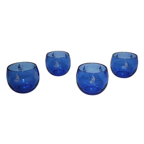 4 Vintage HAZEL ATLAS Cobalt Blue Cocktail Roly Poly Glasses Sailboat Ships 6 oz - Picture 1 of 5